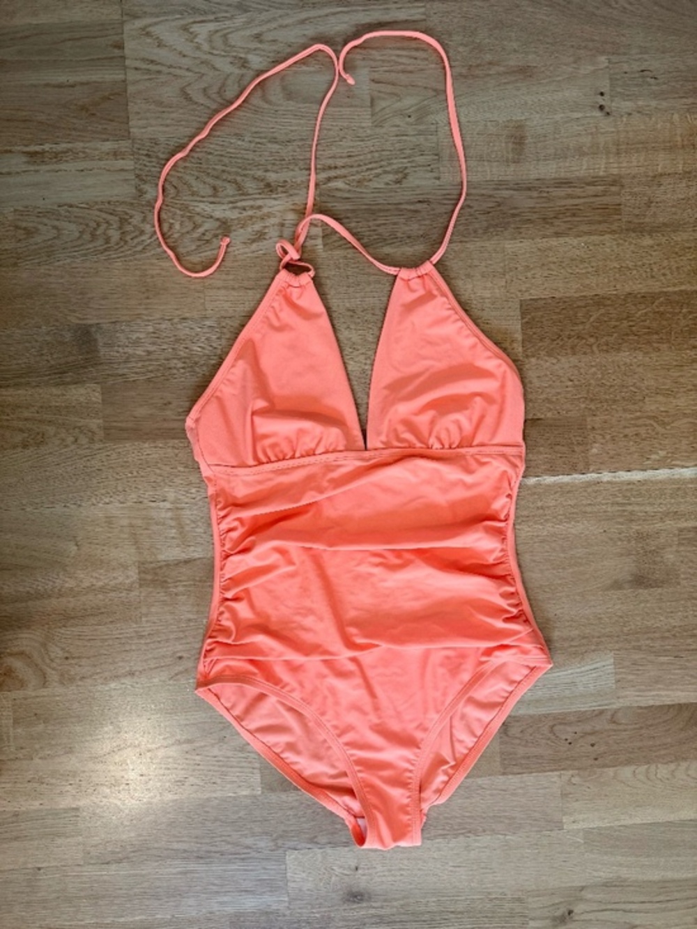 Coral Halter One Piece Swimsuit Open Back High Neck Ruched Neon Peach Sz L